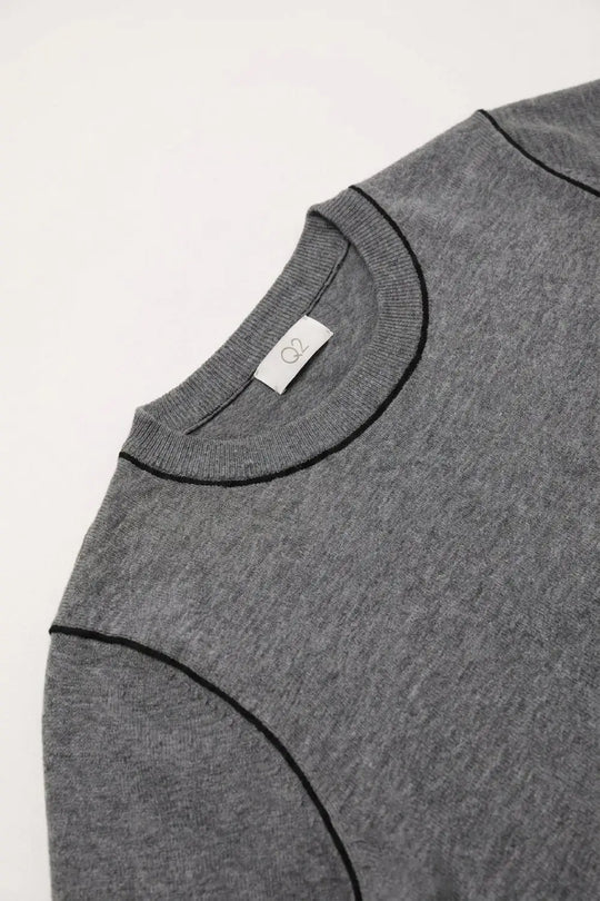 Grey Fine Knit Contrast Seam Crew Neck Short Sleeve sweater - GRAY / ONE - Sweaters