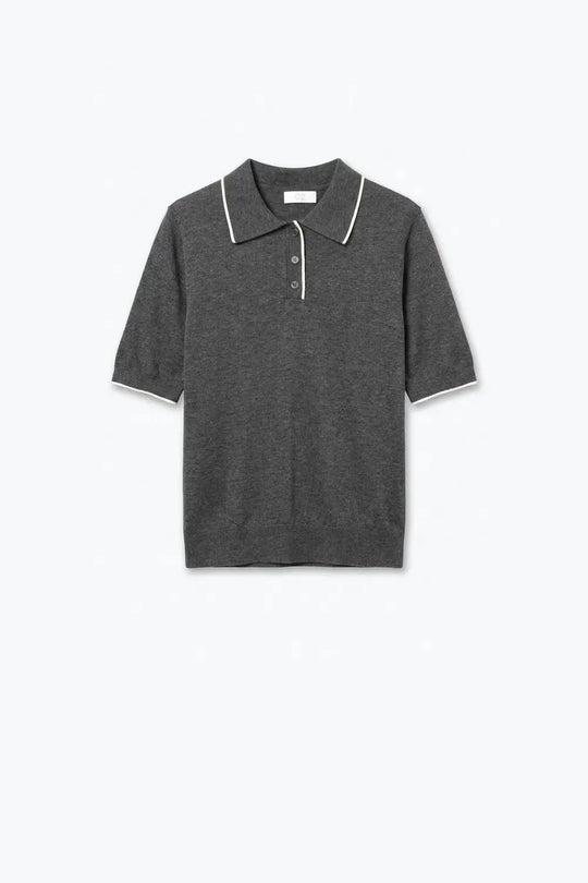 Grey Fine Knit Contrast Trim Short Sleeve sweater with Polo neckline