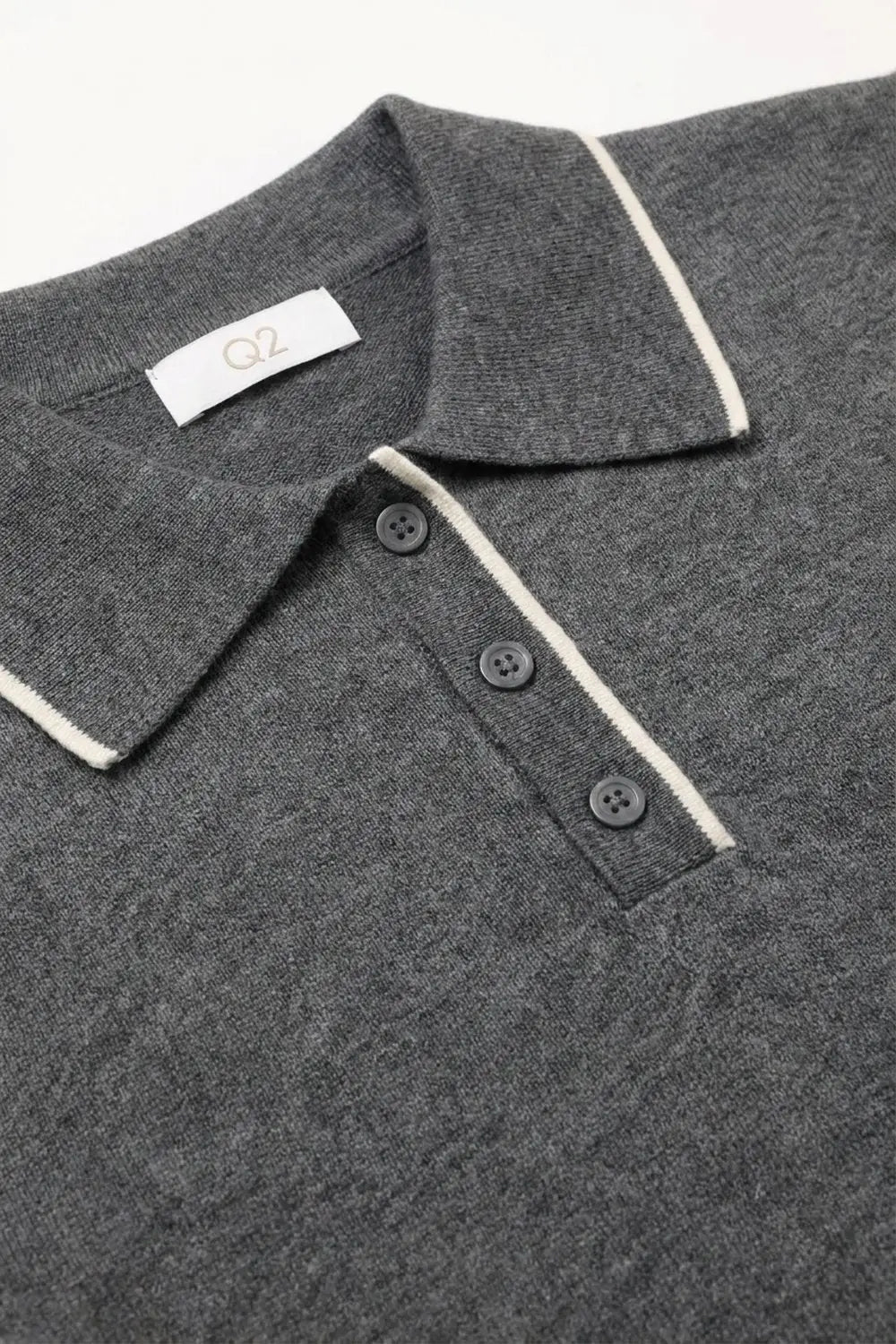 Grey Fine Knit Contrast Trim Short Sleeve sweater with Polo neckline