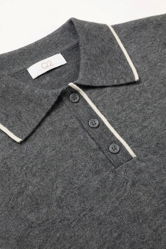 Grey Fine Knit Contrast Trim Short Sleeve sweater with Polo neckline