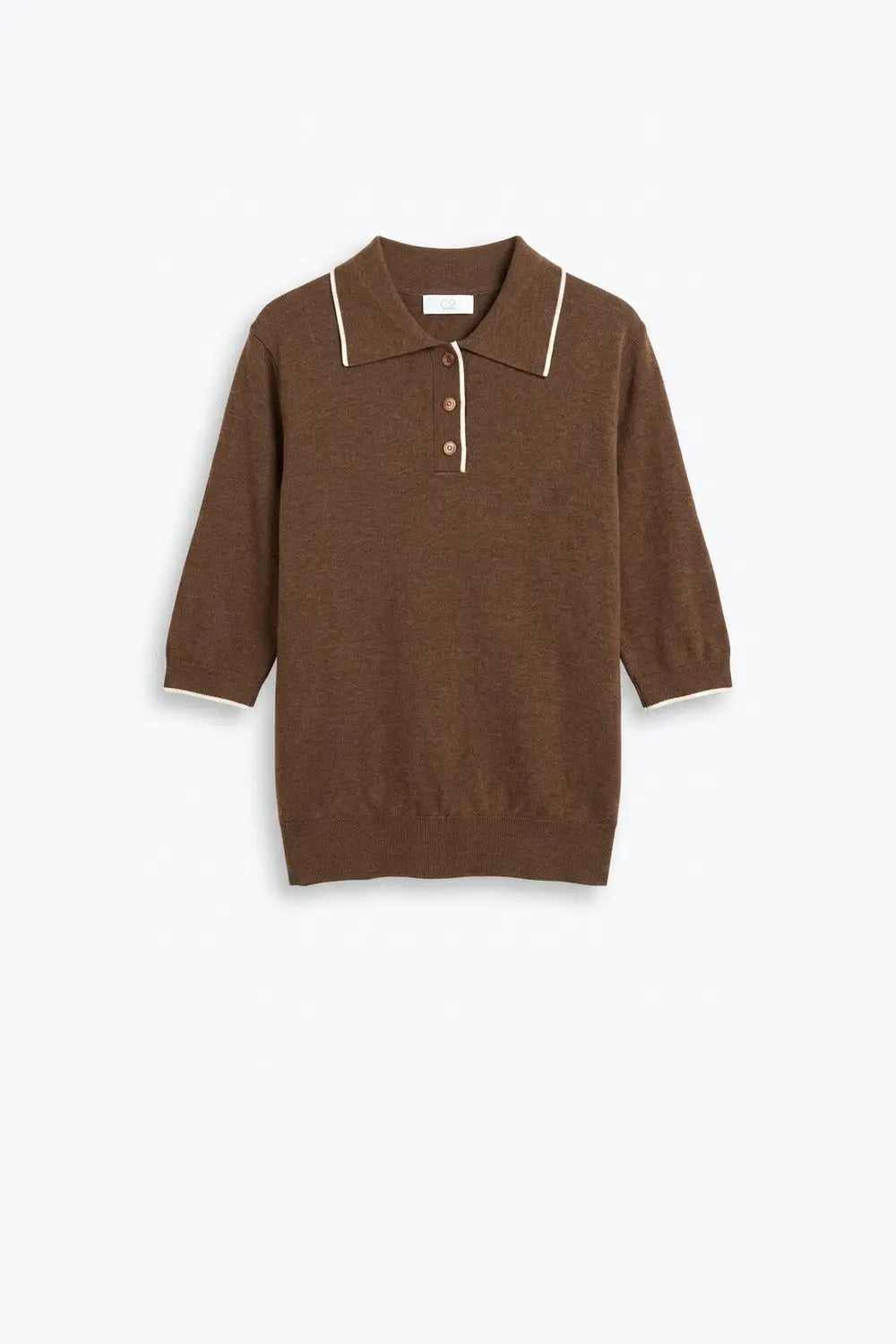Brown Fine Knit Contrast Trim sweater with Polo Collar