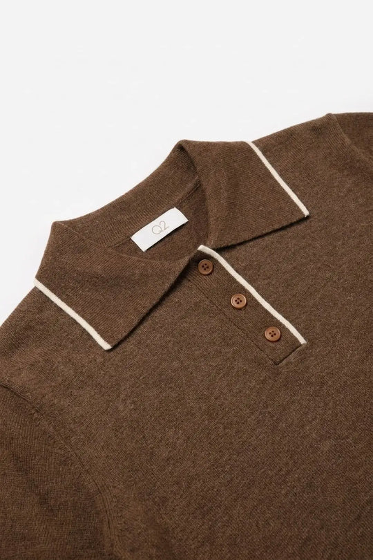 Brown Fine Knit Contrast Trim sweater with Polo Collar