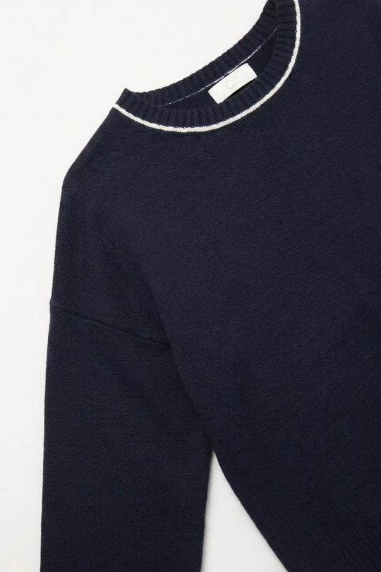 Navy warm Knit Contrast Trim Crew Neck Sweater