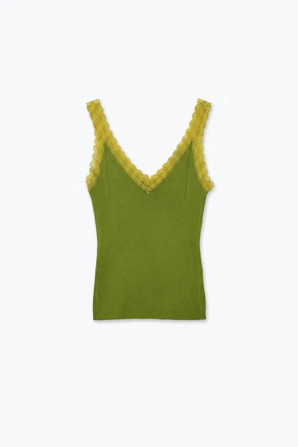 Fine-Knit Camisole with Contrast Lace Trim in Olive - GREEN / ONE - Tops