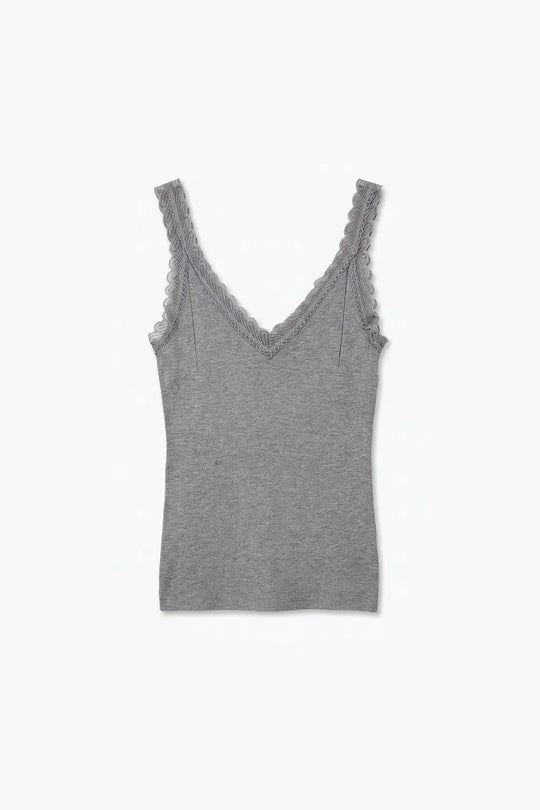 Fine-Knit Camisole with Contrast Lace Trim in grey - GRAY / ONE - Tops