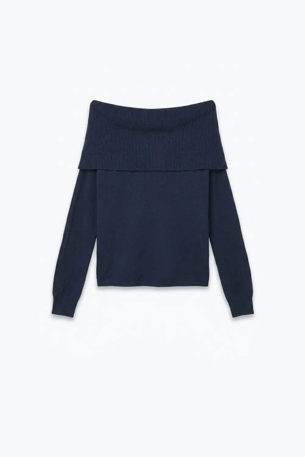 Navy Ribbed Knit Off Shoulder Foldover Sweater