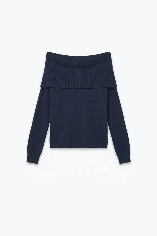 Navy Ribbed Knit Off Shoulder Foldover Sweater