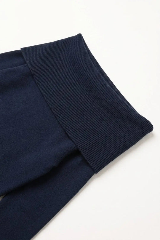 Navy Ribbed Knit Off Shoulder Foldover Sweater
