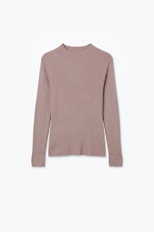 Fine Ribbed Merino Wool Sweater in beige with Mock neck