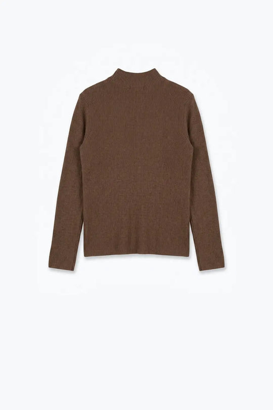 Fine Ribbed Merino Wool Sweater in camel with Mock neck