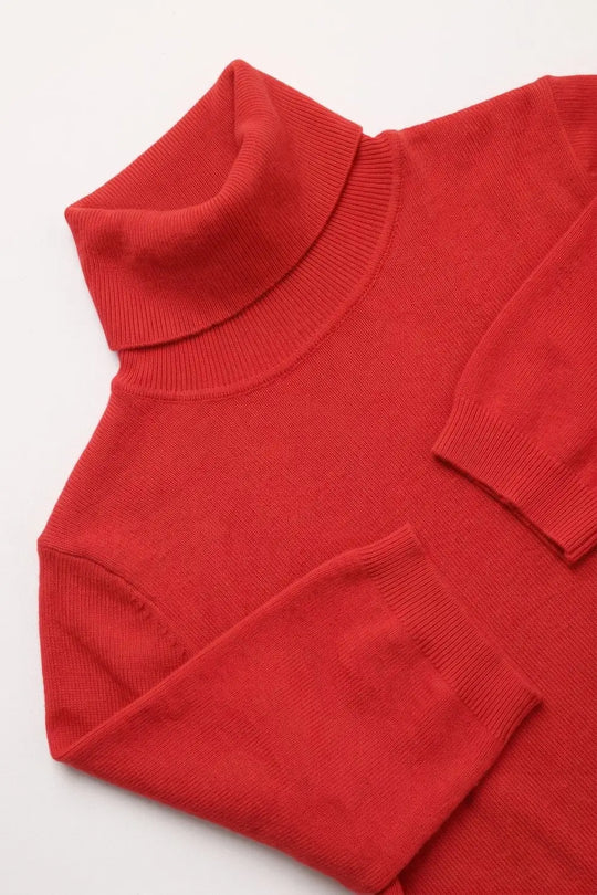 Red Fine Knit Turtleneck Elbow Sleeve Regular Fit Sweater - RED / ONE - Sweaters