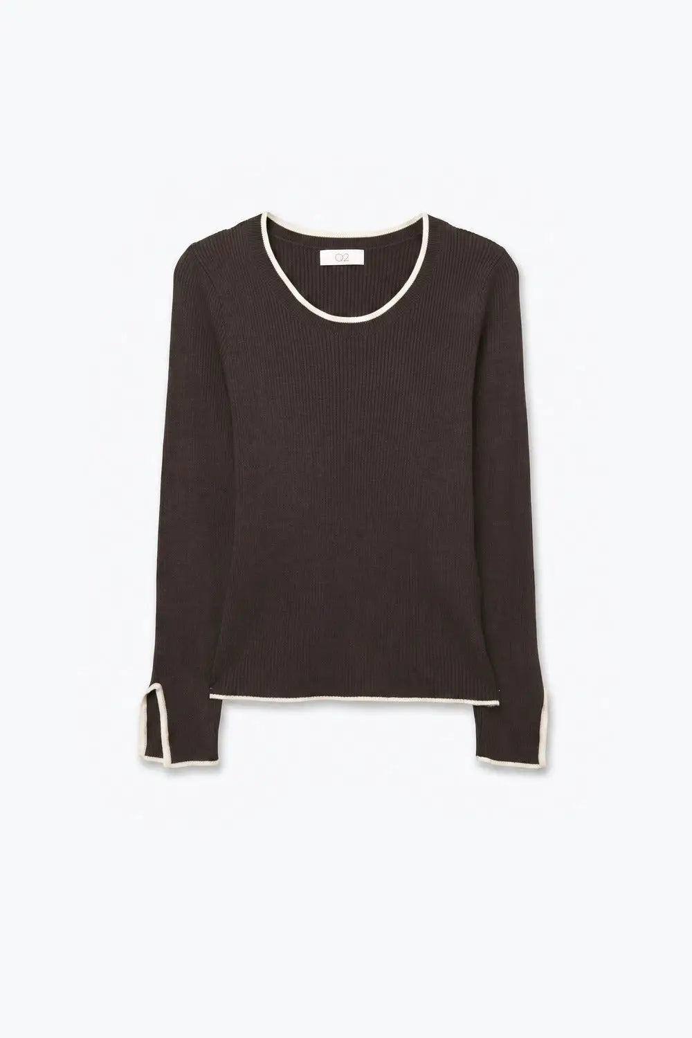 Brown Ribbed Knit white Contrast Trim sweater in wide neck - BROWN / ONE - Sweaters