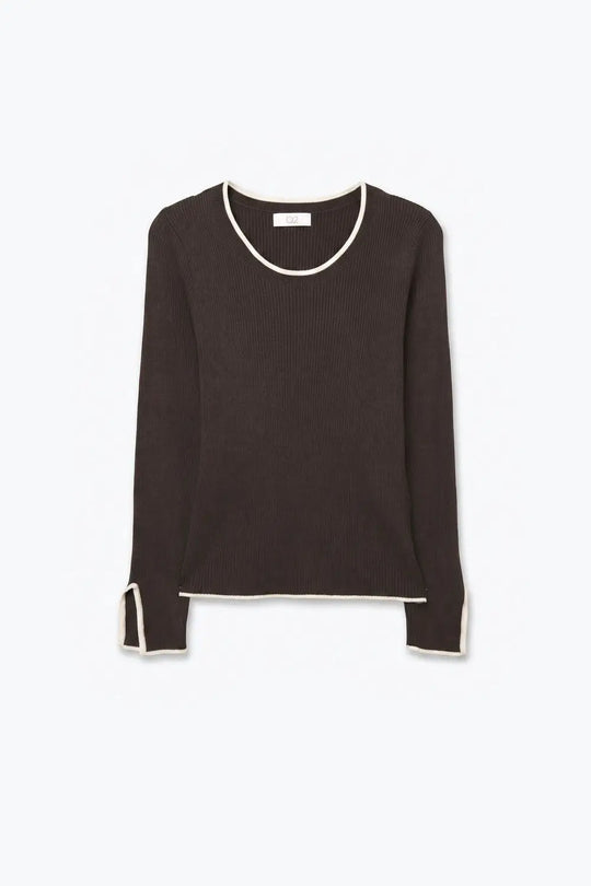 Brown Ribbed Knit white Contrast Trim sweater in wide neck - BROWN / ONE - Sweaters