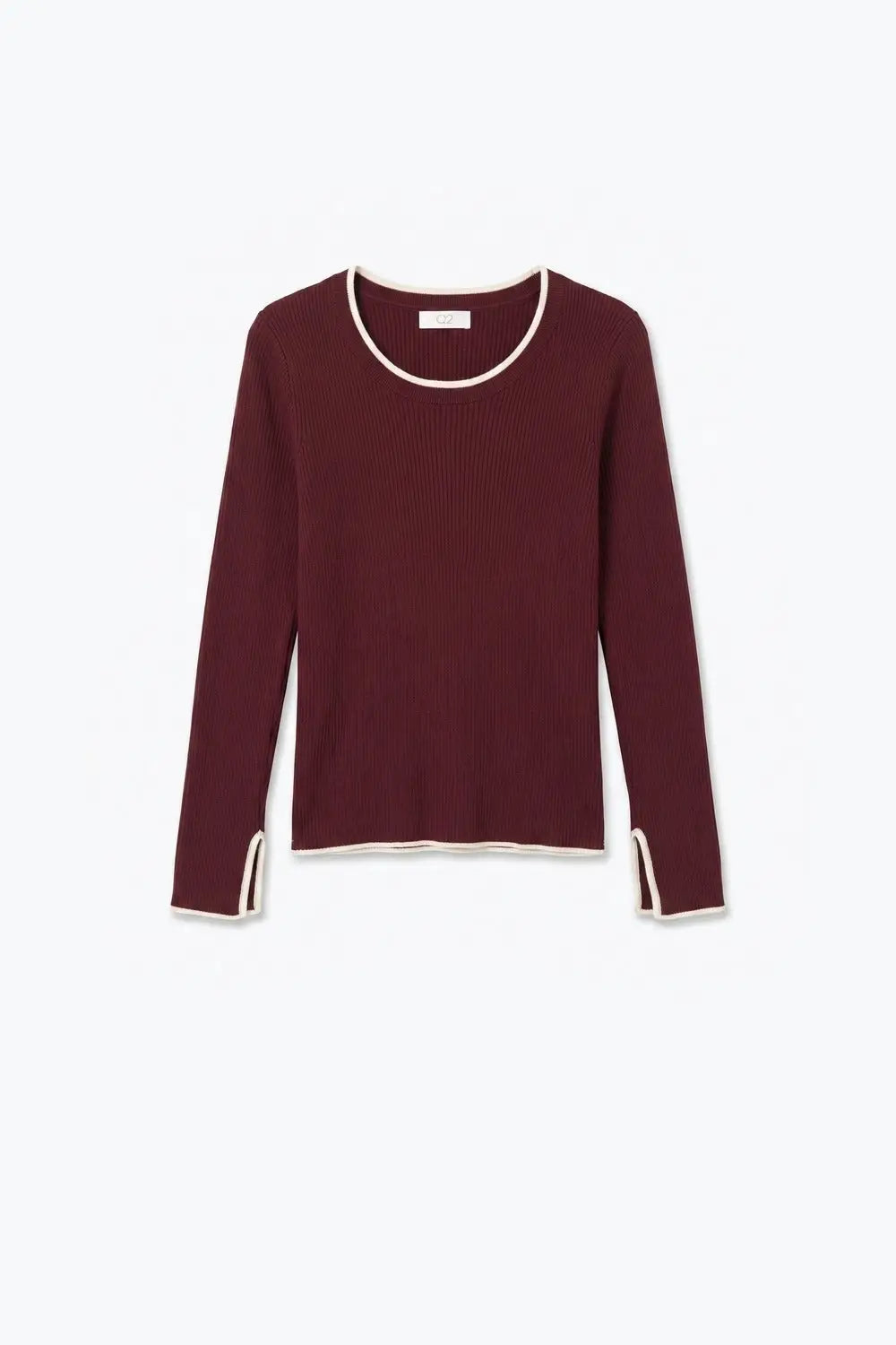 Burgundy Ribbed Knit white Contrast Trim sweater in wide neck - MAROON / ONE - Sweaters