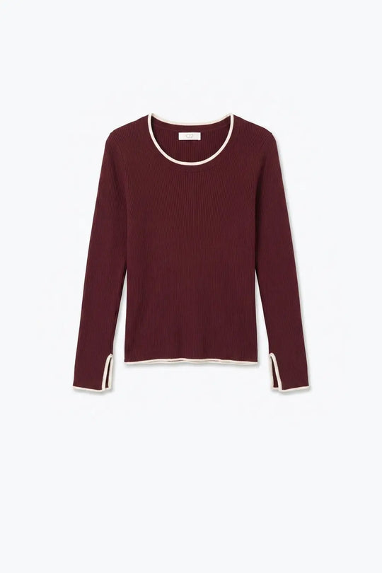 Burgundy Ribbed Knit white Contrast Trim sweater in wide neck - MAROON / ONE - Sweaters