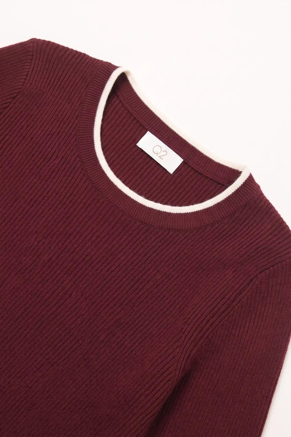 Burgundy Ribbed Knit white Contrast Trim sweater in wide neck - MAROON / ONE - Sweaters