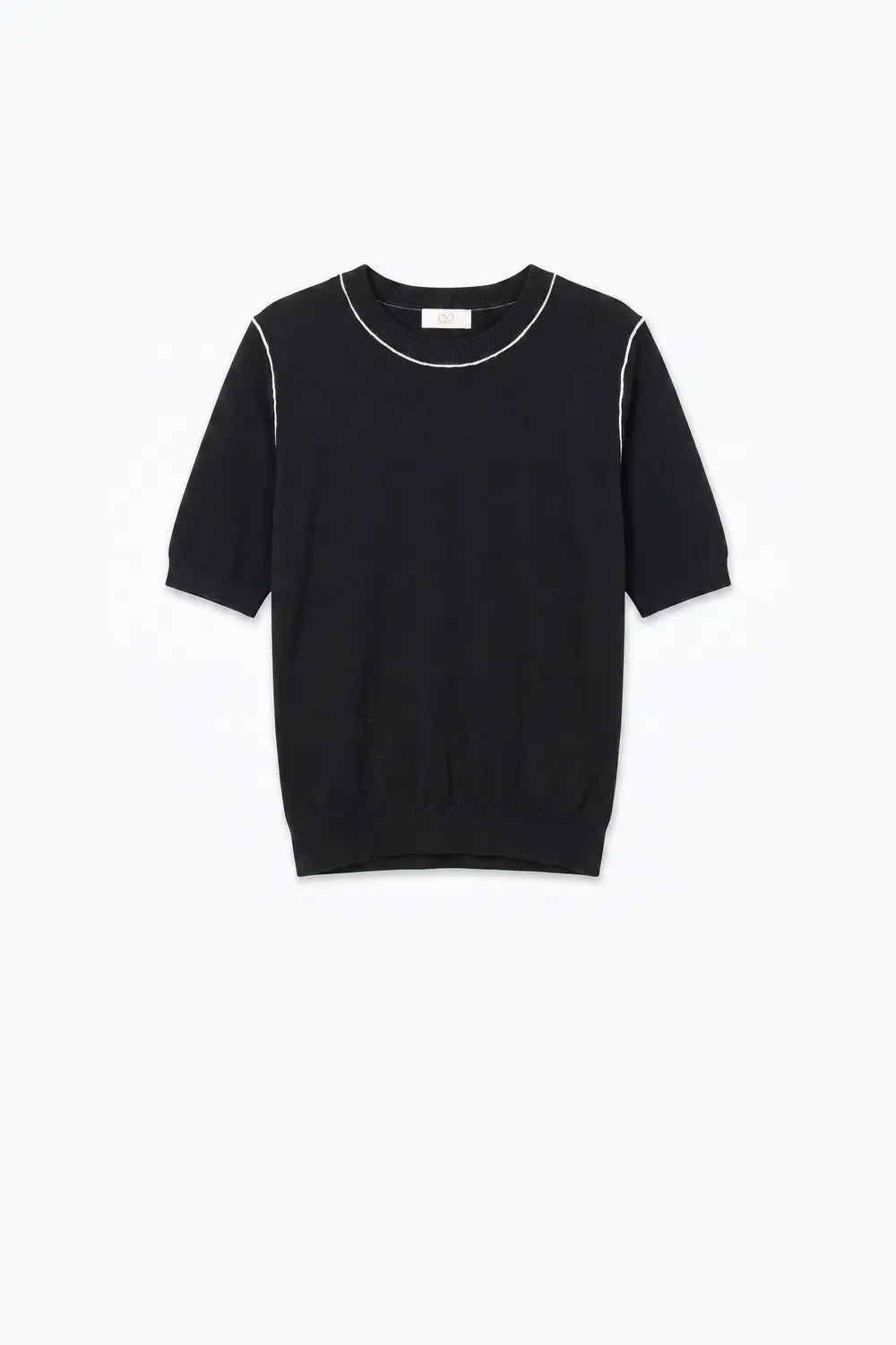 Black Fine Knit Contrast Seam Short Sleeve Sweater - BLACK / ONE - Sweaters