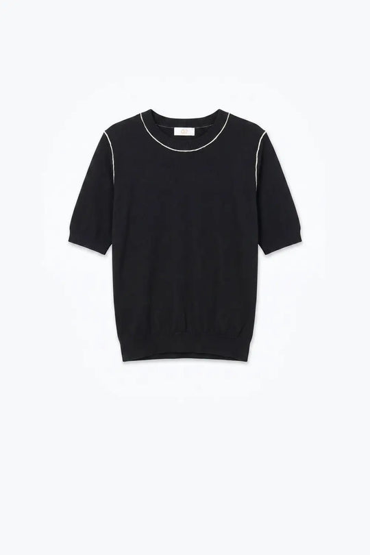 Black Fine Knit Contrast Seam Short Sleeve Sweater - BLACK / ONE - Sweaters