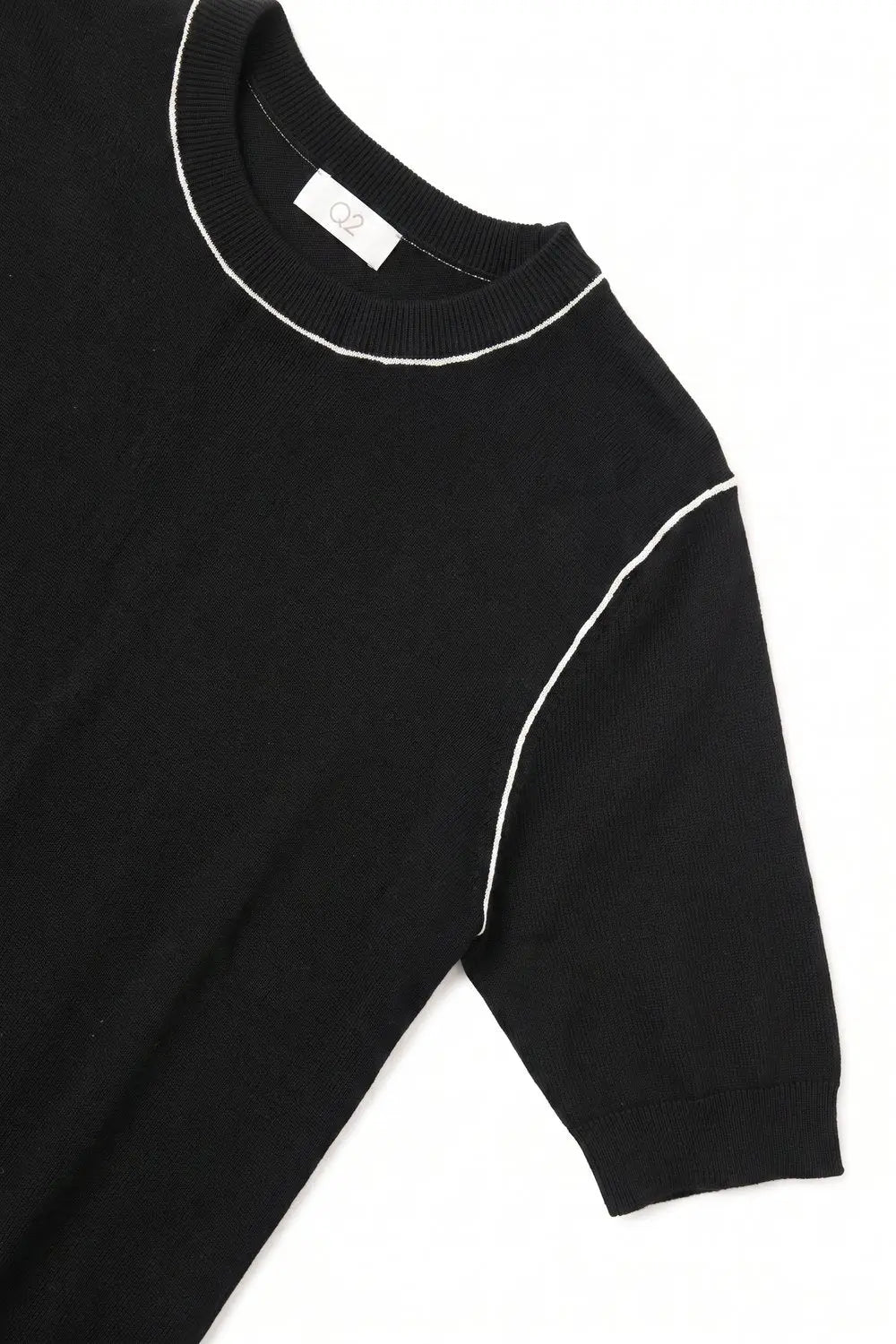 Black Fine Knit Contrast Seam Short Sleeve Sweater - BLACK / ONE - Sweaters