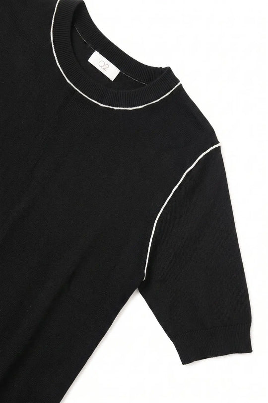 Black Fine Knit Contrast Seam Short Sleeve Sweater - BLACK / ONE - Sweaters