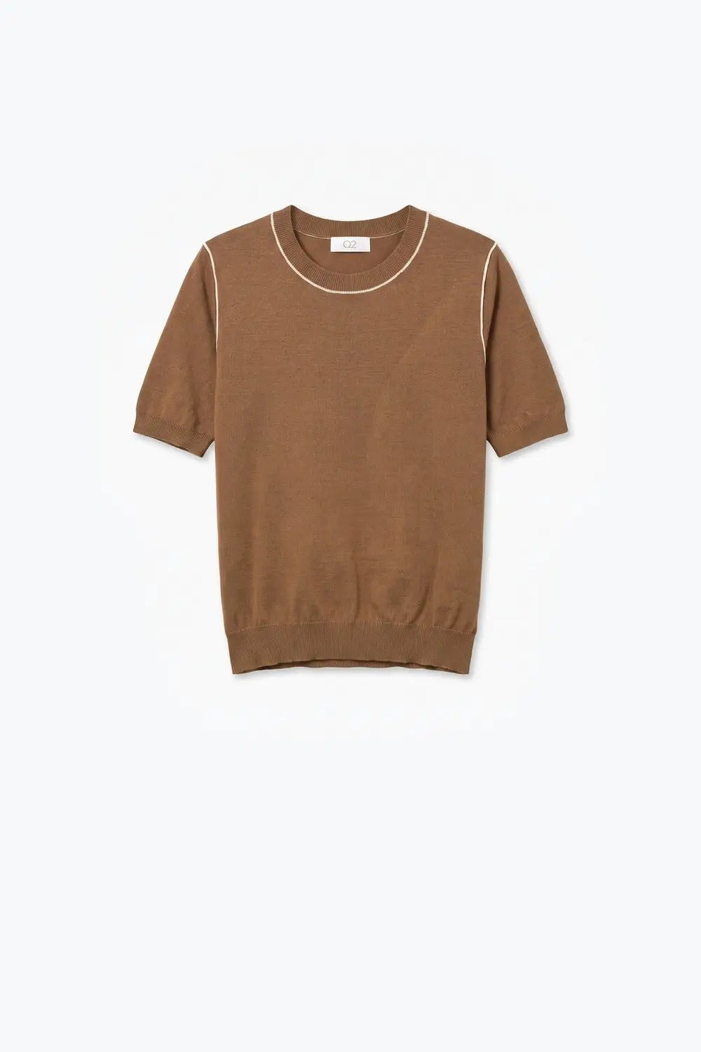 Camel Fine Knit Contrast Stitch Crew Neck Short Sleeve sweater - CAMEL / ONE - Sweaters