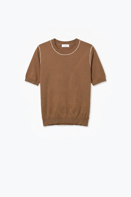 Camel Fine Knit Contrast Stitch Crew Neck Short Sleeve sweater - CAMEL / ONE - Sweaters