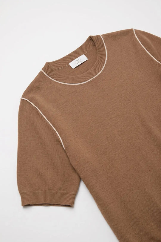 Camel Fine Knit Contrast Stitch Crew Neck Short Sleeve sweater - CAMEL / ONE - Sweaters