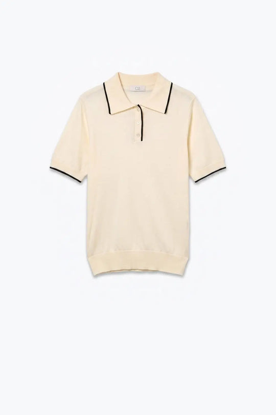 Cream Fine Knit Contrast Trim Button sweater with Polo neckline