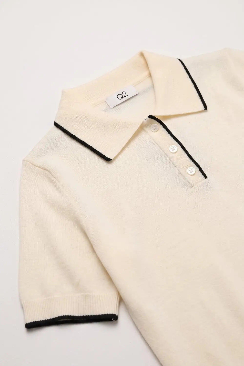 Cream Fine Knit Contrast Trim Button sweater with Polo neckline