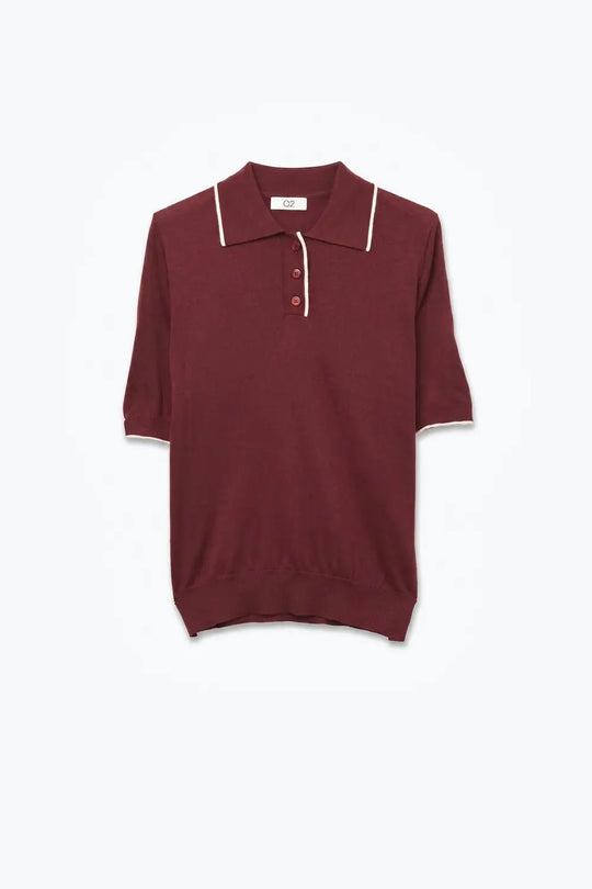 Burgundy Fine Knit Contrast Trim Short Sleeve Polo