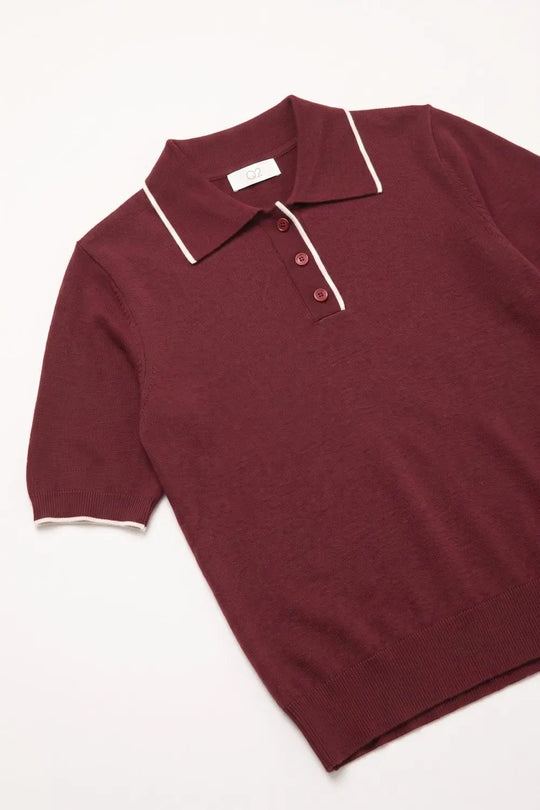 Burgundy Fine Knit Contrast Trim Short Sleeve Polo