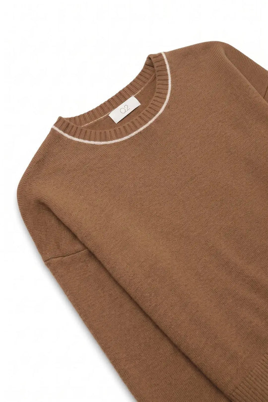 Camel warm Knit Contrast Trim Crew Neck Sweater