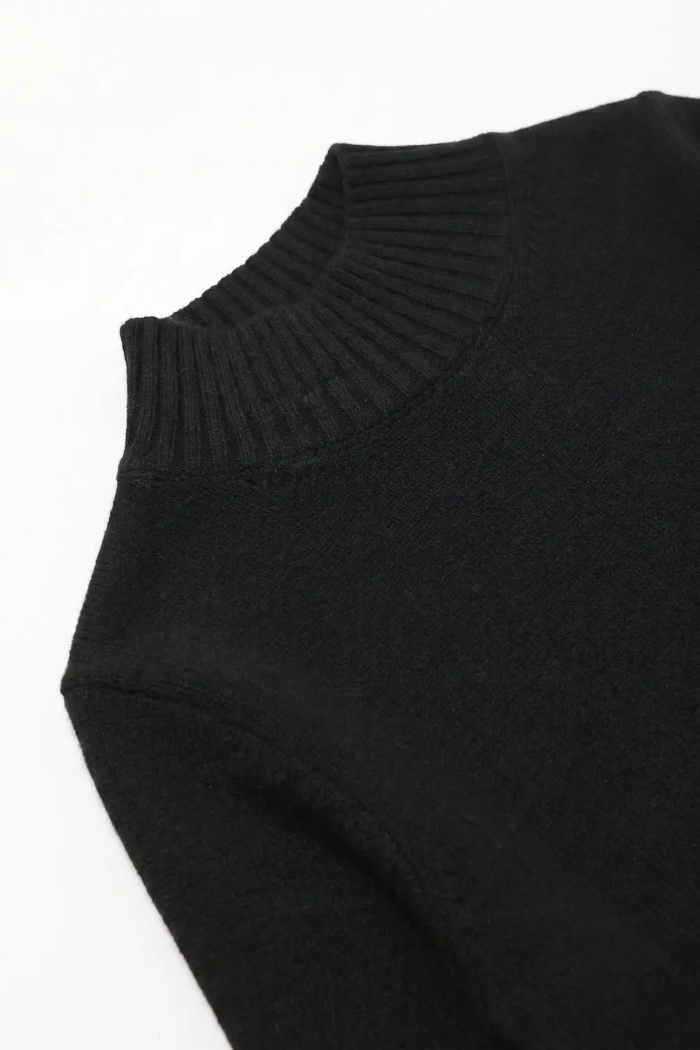 Black warm Ribbed Knit High Collar Relaxed Fit Sweater with elbow-length sleeve
