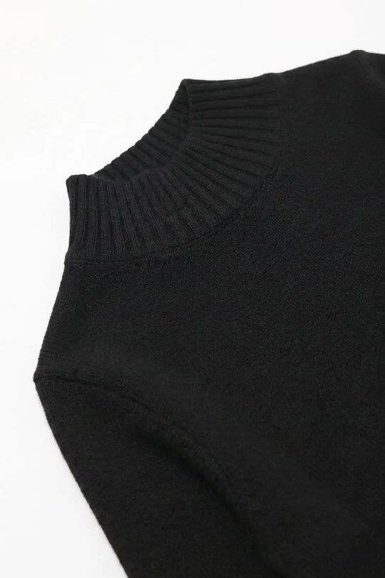 Black warm Ribbed Knit High Collar Relaxed Fit Sweater with elbow-length sleeve