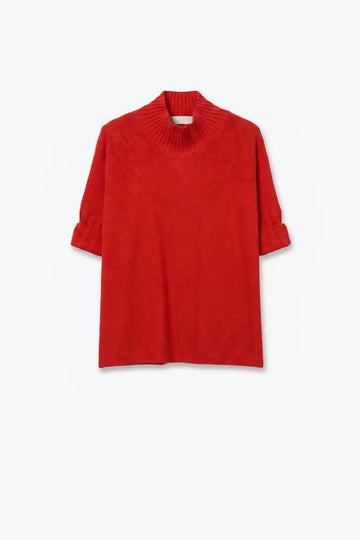 Red Ribbed warm Knit High Collar Sweater with elbow-length sleeve