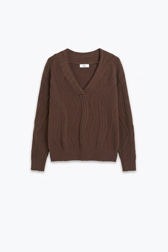 Textured Wave-Knit V-Neck Sweater in brown - BROWN / ONE - Sweaters