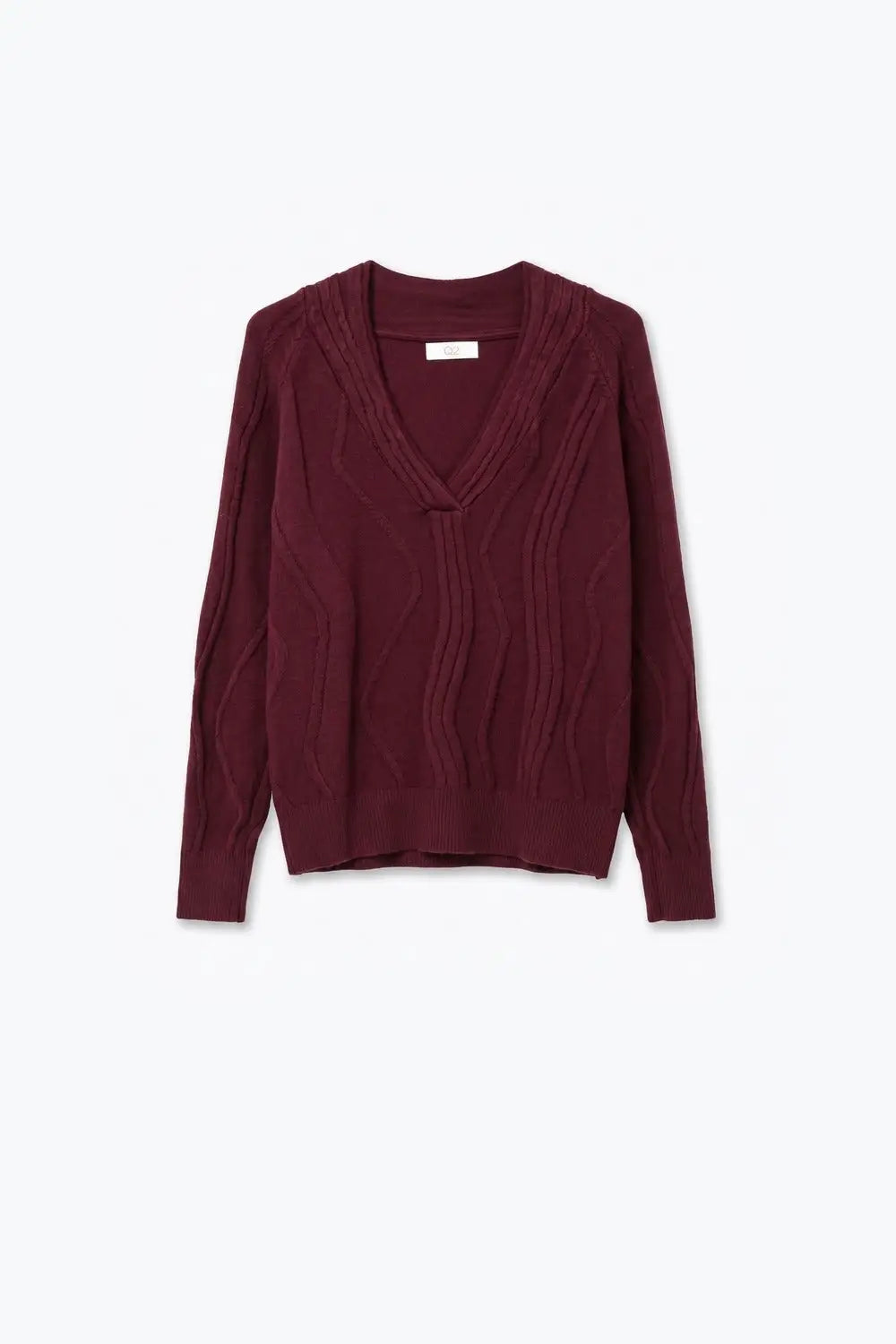 Textured Wave-Knit V-Neck Sweater in Burgundy - MAROON / ONE - Sweaters