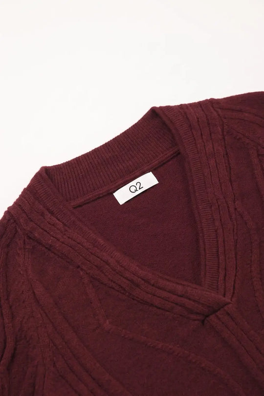 Textured Wave-Knit V-Neck Sweater in Burgundy - MAROON / ONE - Sweaters