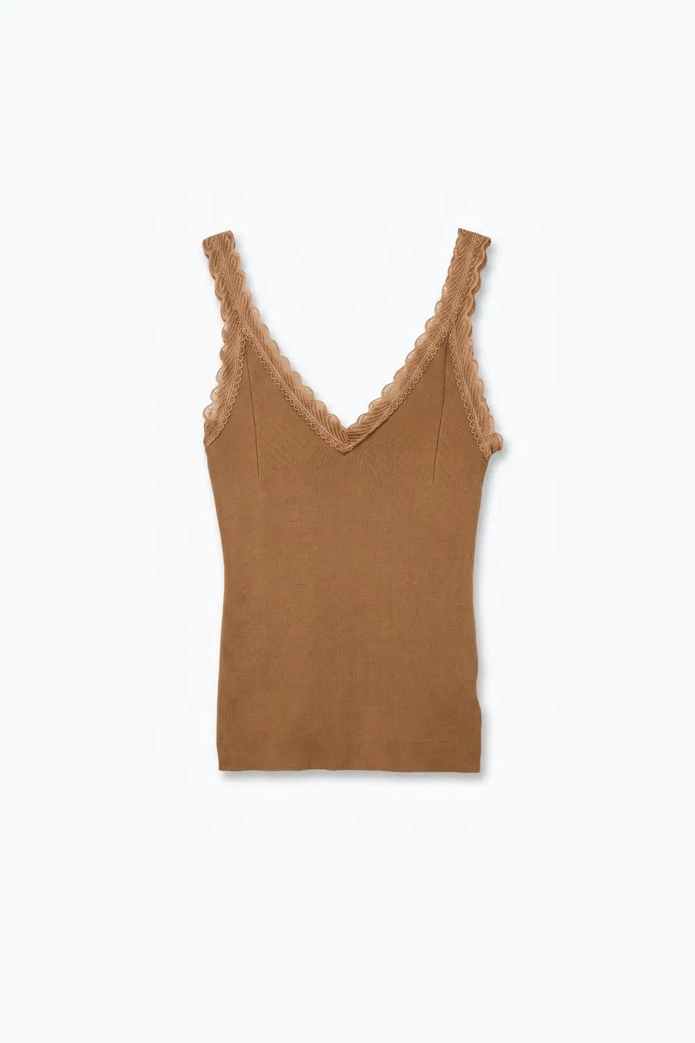 Fine-Knit Camisole with Contrast Lace Trim in camel - CAMEL / ONE - Tops