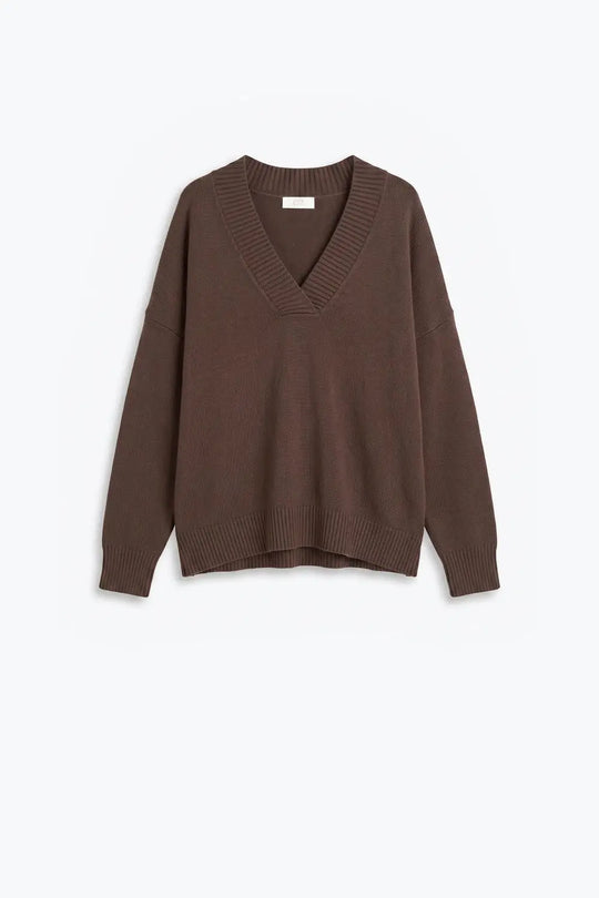 brown warm Knit wide V-Neck jumper - BROWN / ONE - Sweaters