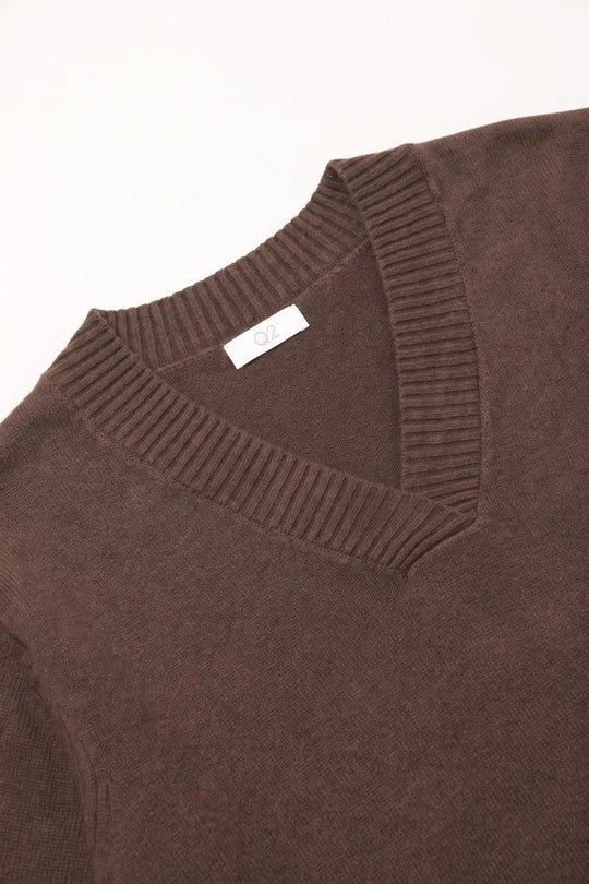 brown warm Knit wide V-Neck jumper - BROWN / ONE - Sweaters