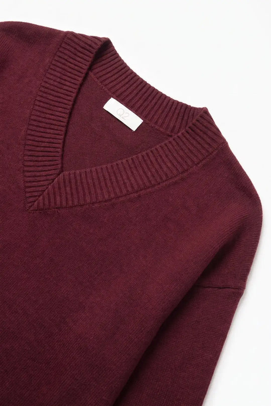 Burgundy warm Knit wide V-Neck jumper - MAROON / ONE - Sweaters