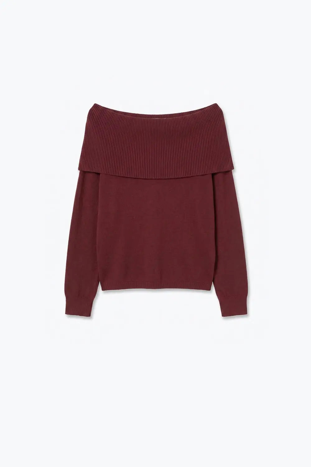 Burgundy Ribbed Knit Off Shoulder Long Sleeve Sweater