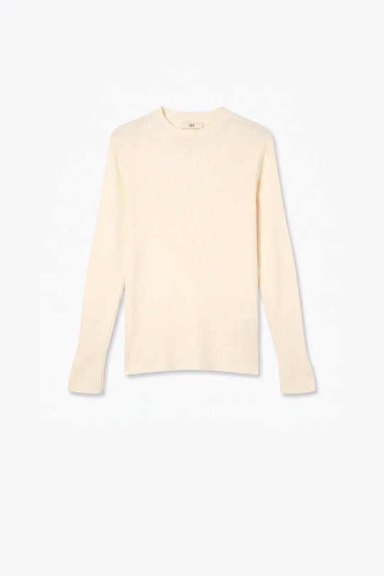 Fine Ribbed Merino Wool Sweater in cream with Mock neck