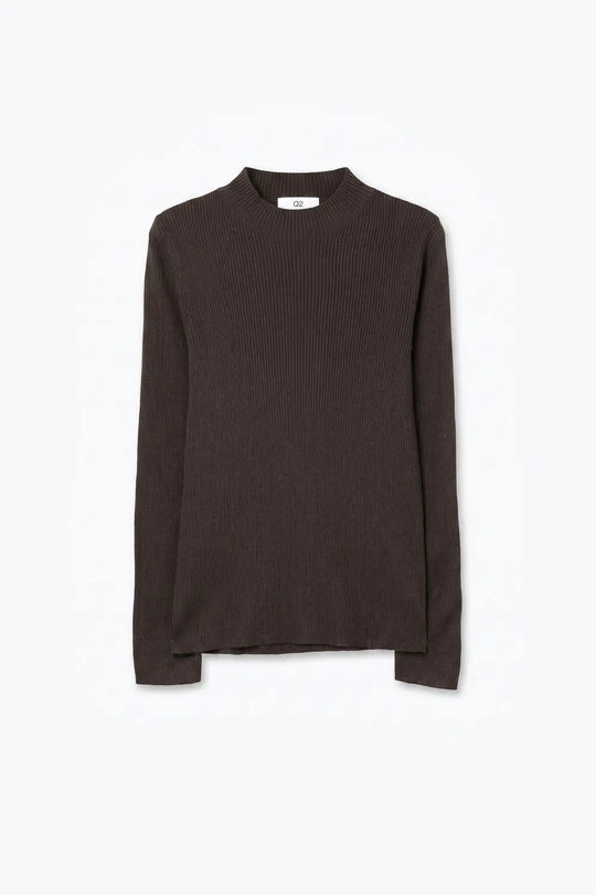 Fine Ribbed Merino Wool Sweater in brown with Mock neck