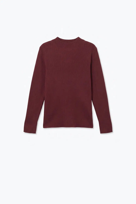 Fine Ribbed Merino Wool Sweater in Burgundy with Mock neck