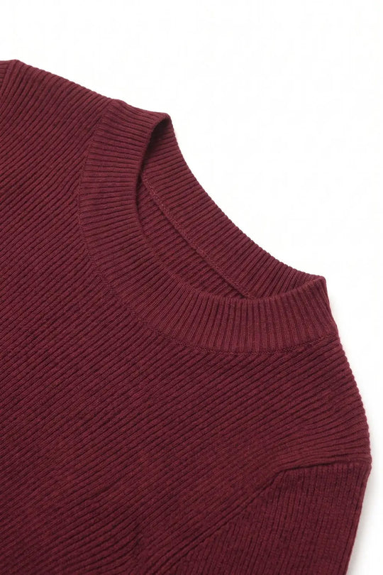Fine Ribbed Merino Wool Sweater in Burgundy with Mock neck