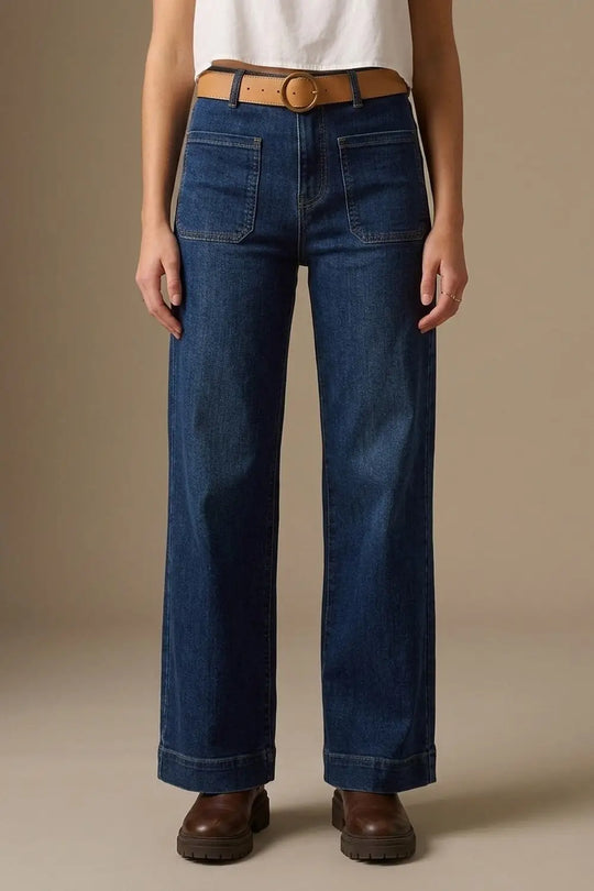 Dark wash jeans with wide leg and pockets