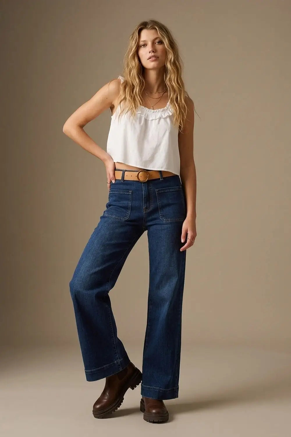 Dark wash jeans with wide leg and pockets