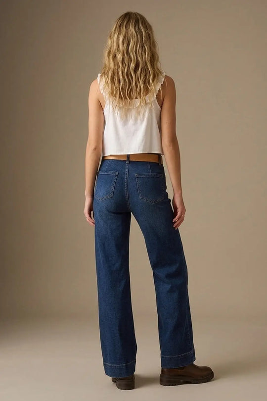 Dark wash jeans with wide leg and pockets